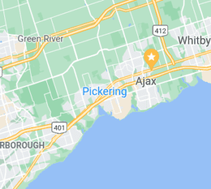Map showing the cities of Pickering and Ajax in Ontario, Canada, with major highways 401 and 412 highlighted, and nearby areas including Whitby, Scarborough, and Green River.