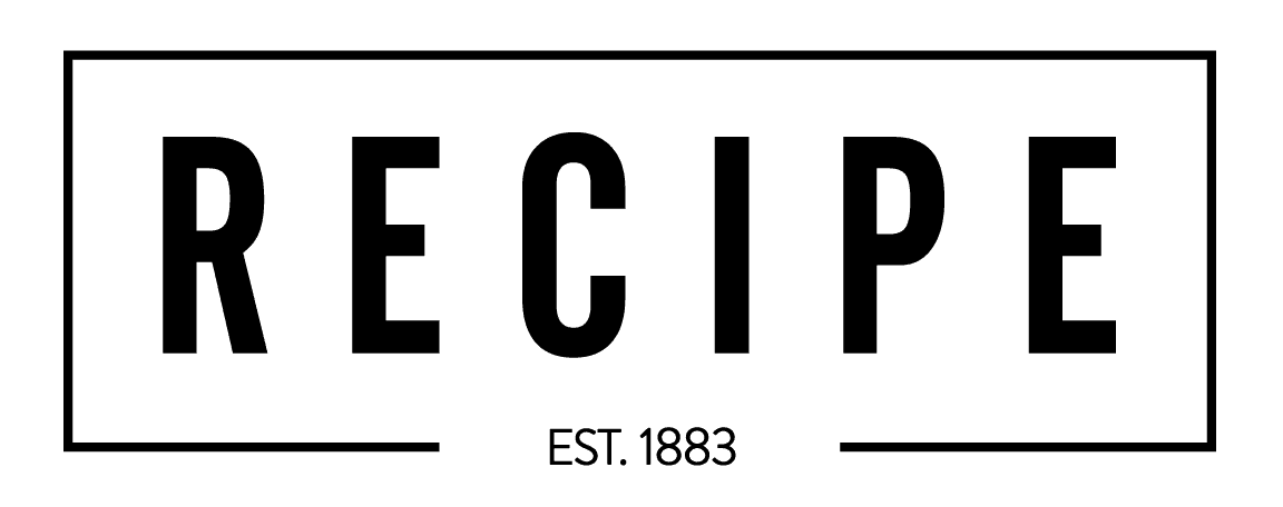 The image displays the word RECIPE in bold, black capital letters centered within a rectangular border. Below, in smaller text, it says EST. 1883. The background is white.