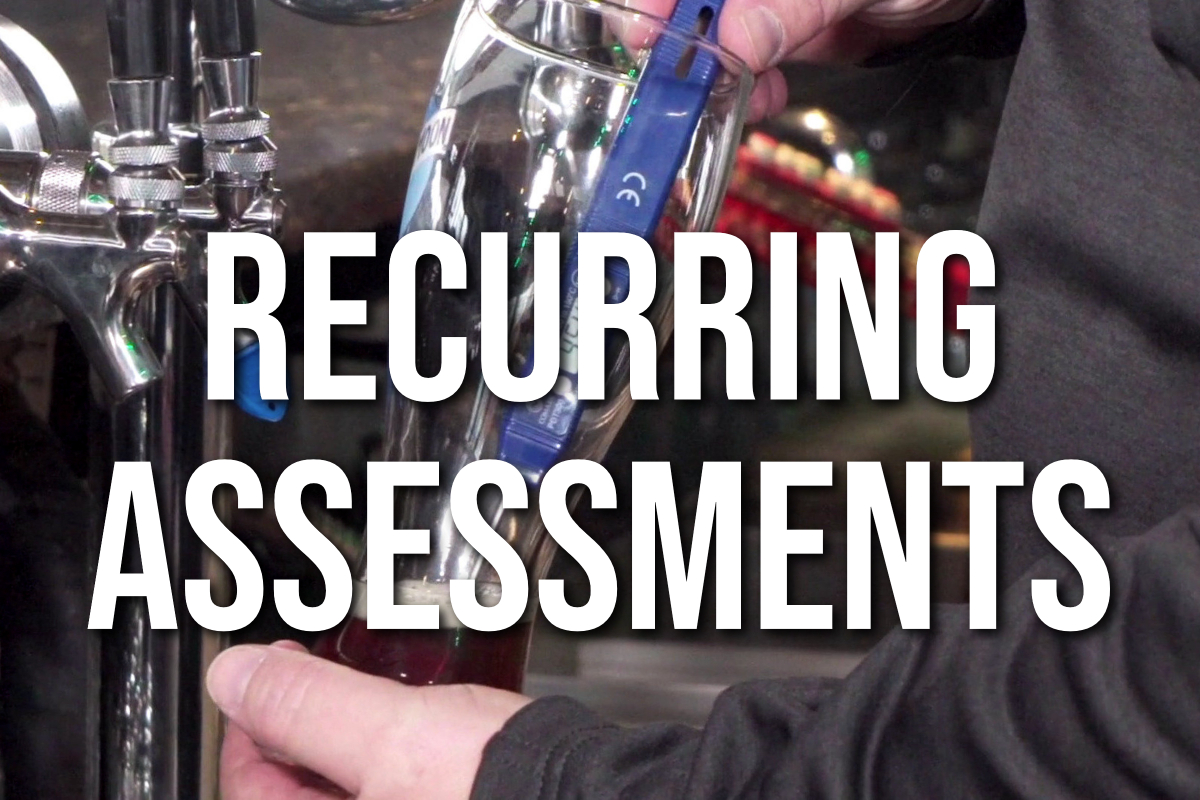 A person fills a glass with beer from a tap. Large white text over the image reads RECURRING ASSESSMENTS.