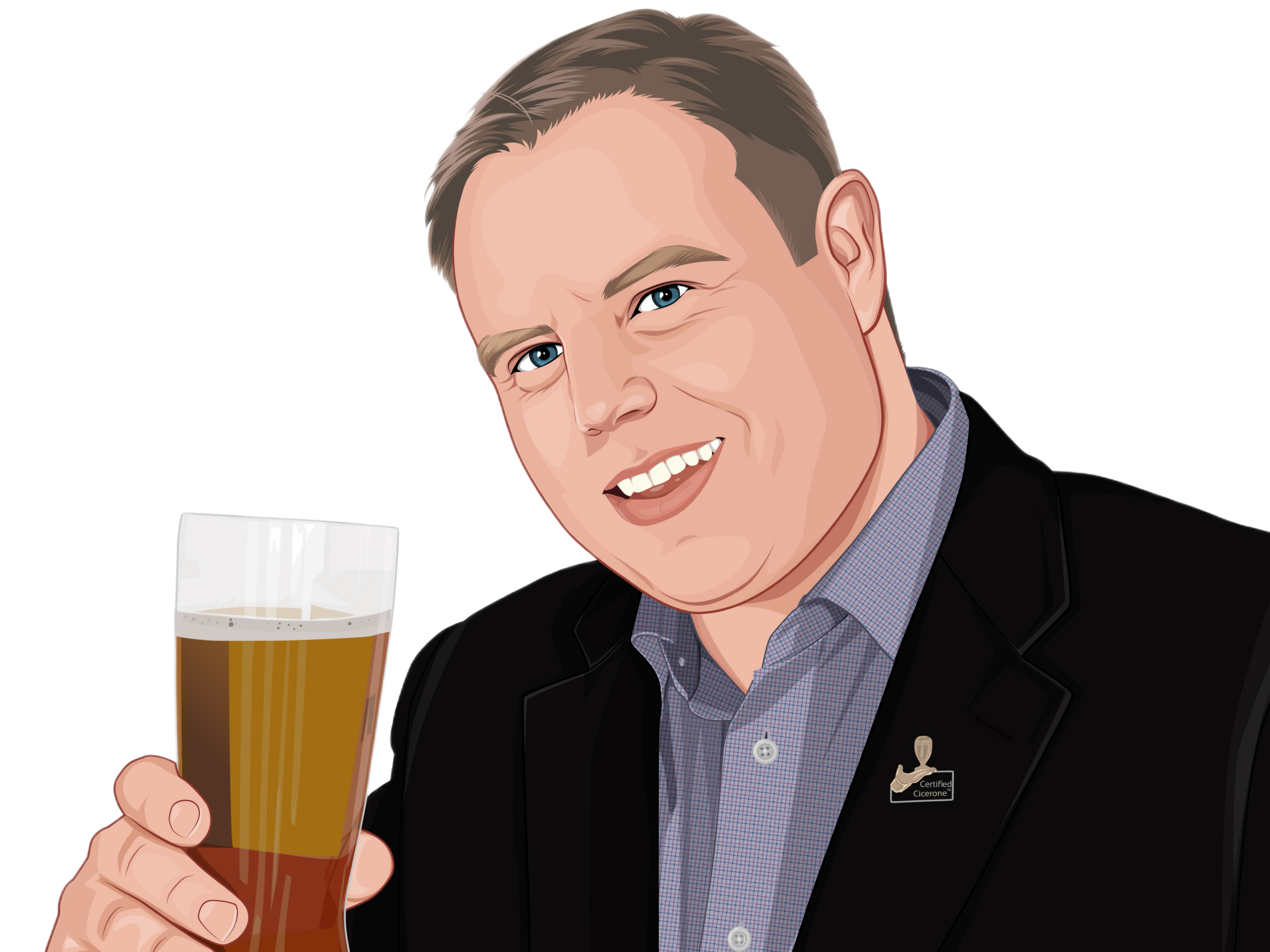A man in a black blazer and blue shirt is smiling and holding a glass of beer, raising it in a toast. The background is plain white.